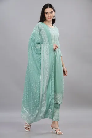 Mythri Round Neck Kurta Set with Dupatta 3/4th Sleevess  - Light Green - SS05
