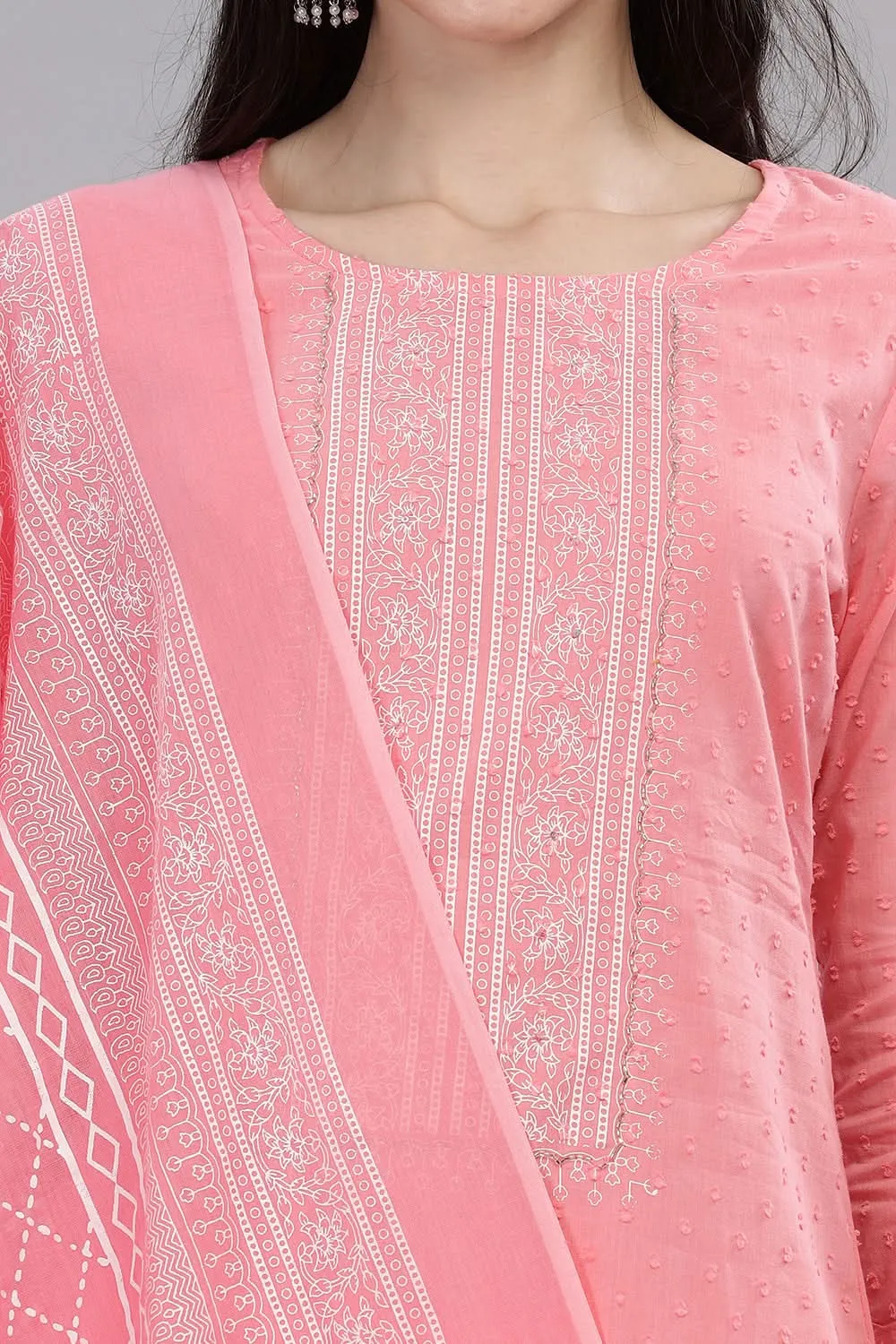 Mythri Round Neck Kurta Set with Dupatta 3/4th Sleevess  - Light Pink - SS04