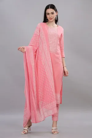 Mythri Round Neck Kurta Set with Dupatta 3/4th Sleevess  - Light Pink - SS04