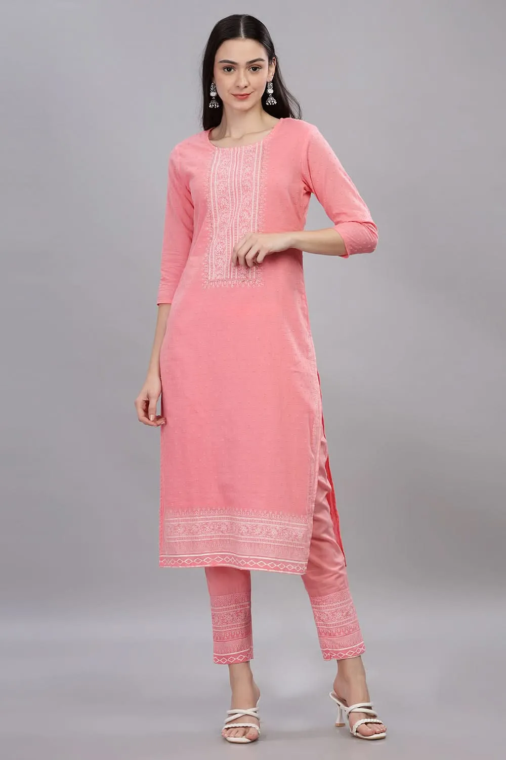 Mythri Round Neck Kurta Set with Dupatta 3/4th Sleevess  - Light Pink - SS04