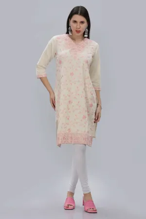 Mythri V Neck Embroidered Kurta With 3/4th Sleeves  - Pink - KU12