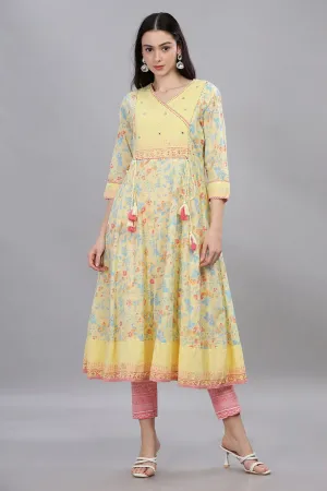 Mythri Wrap Neck Anarkali With 3/4th Sleeves  - Yellow - KU51