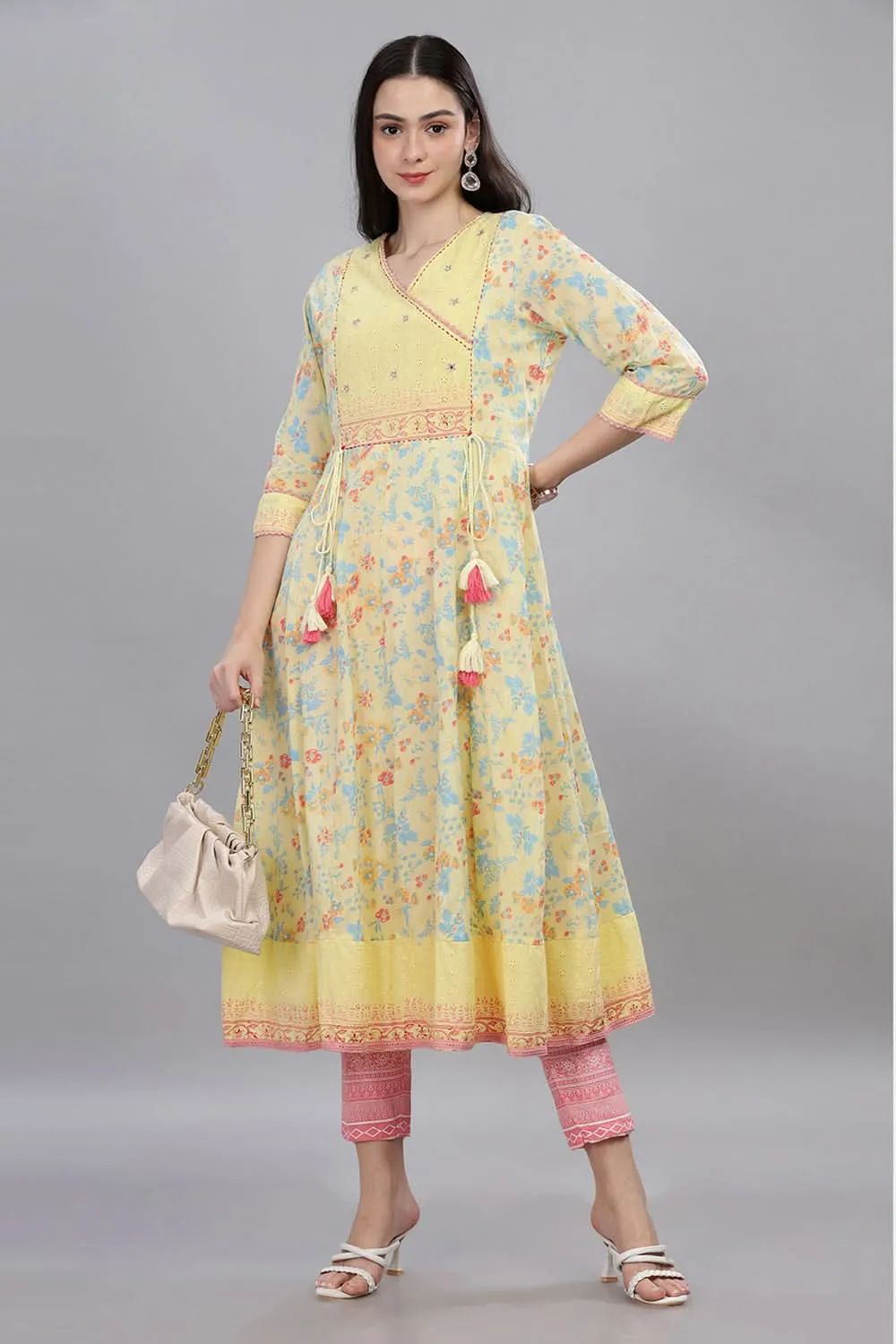 Mythri Wrap Neck Anarkali With 3/4th Sleeves  - Yellow - KU51