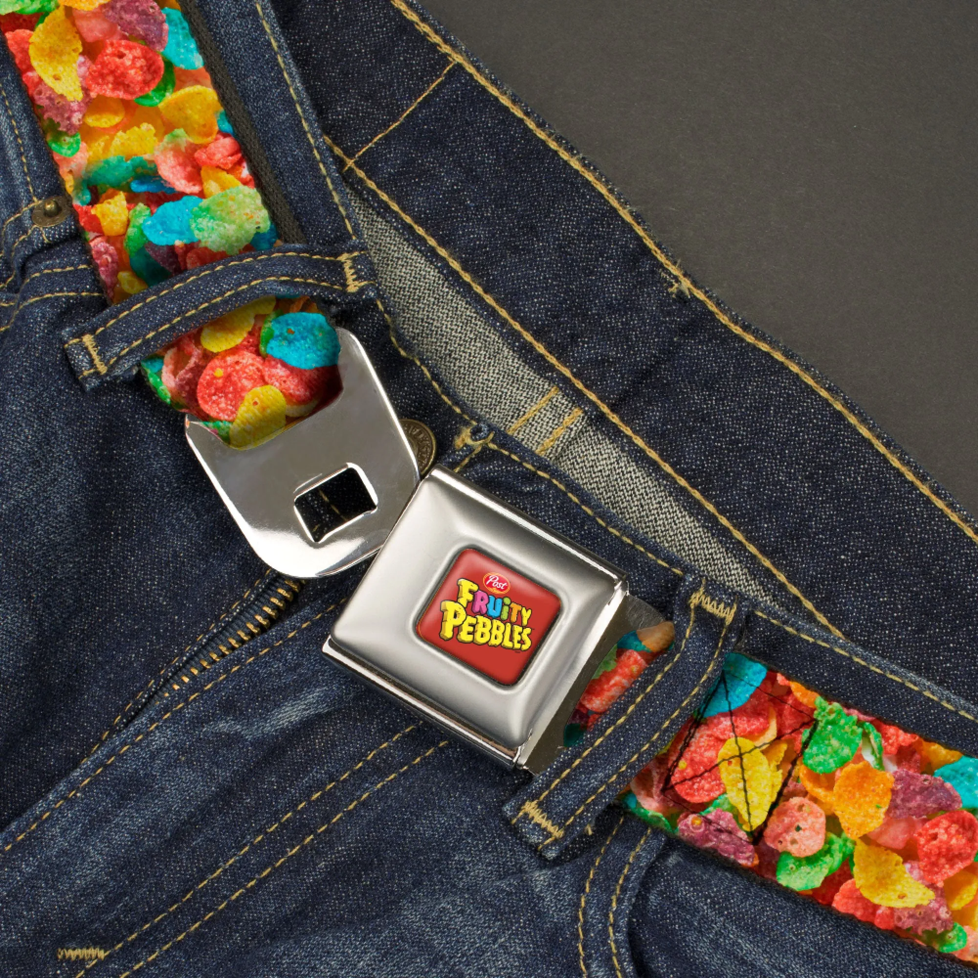 POST FRUITY PEBBLES Logo Full Color Red/Multi Color Seatbelt Belt - Fruity Pebbles Vivid Cereal CLOSE-UP Multi Color Webbing