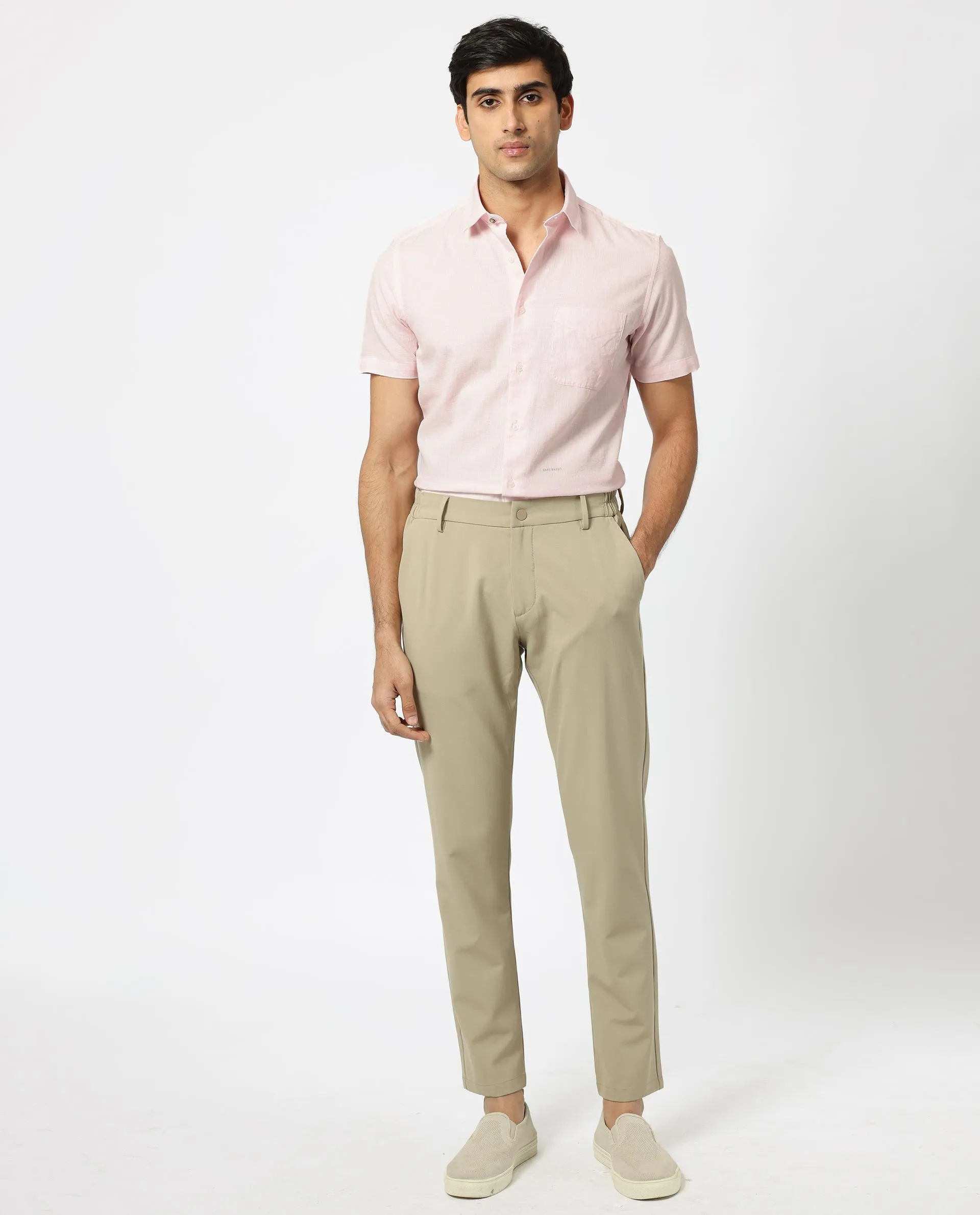 Rare Rabbit Men's Darwin Light Pink Cotton Fabric Half Sleeves Solid Shirt