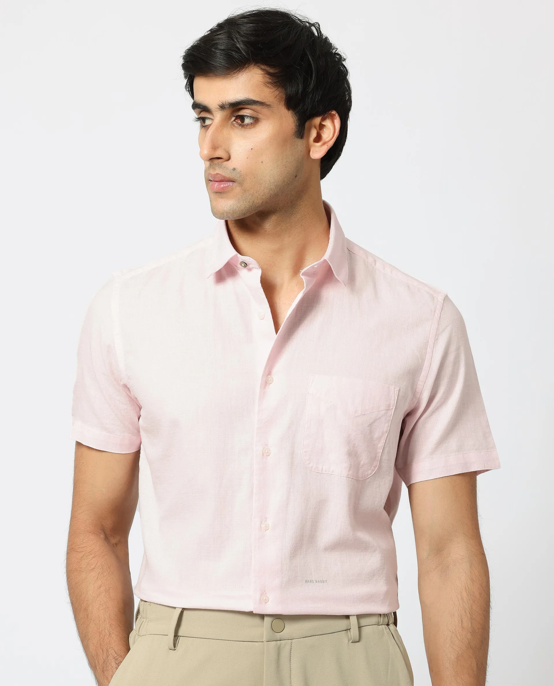 Rare Rabbit Men's Darwin Light Pink Cotton Fabric Half Sleeves Solid Shirt