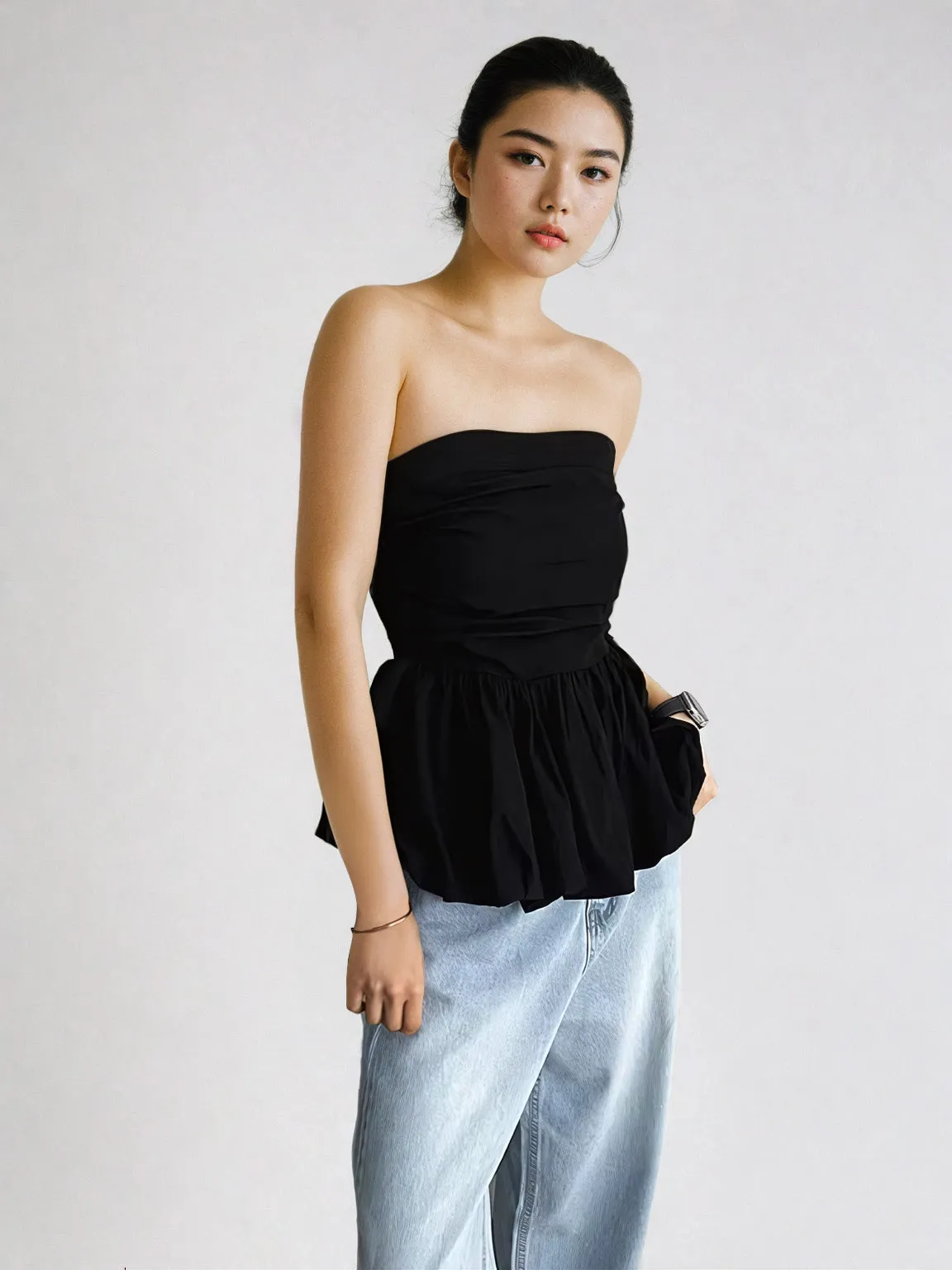 Strapless Peplum Bubble Hem Tube Top