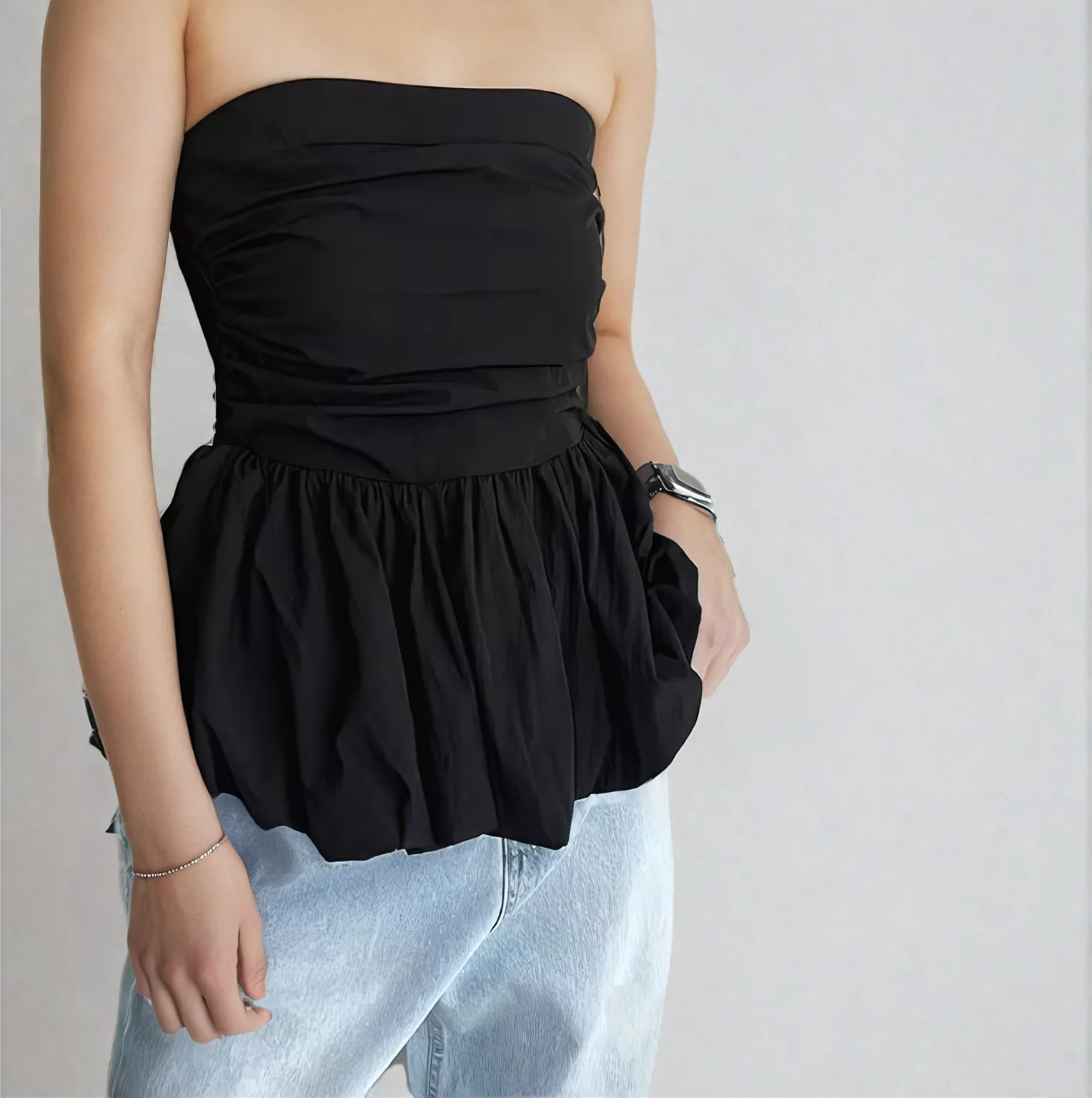 Strapless Peplum Bubble Hem Tube Top