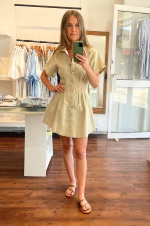 Tampa Short Sleeve Button Down Dress in Beige Denim