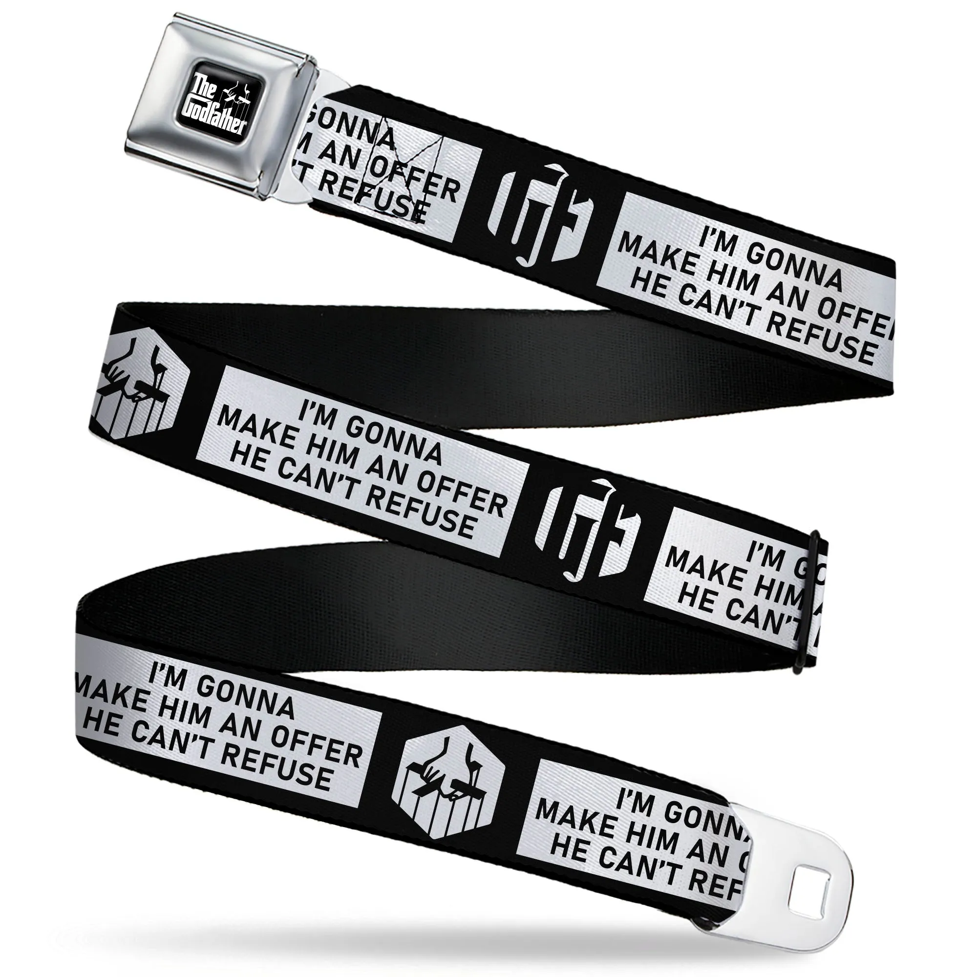 THE GODFATHER Title Logo Full Color Black/White Seatbelt Belt - The Godfather Quote I'M GONNA MAKE HIM AN OFFER HE CAN'T REFUSE Black/White Webbing