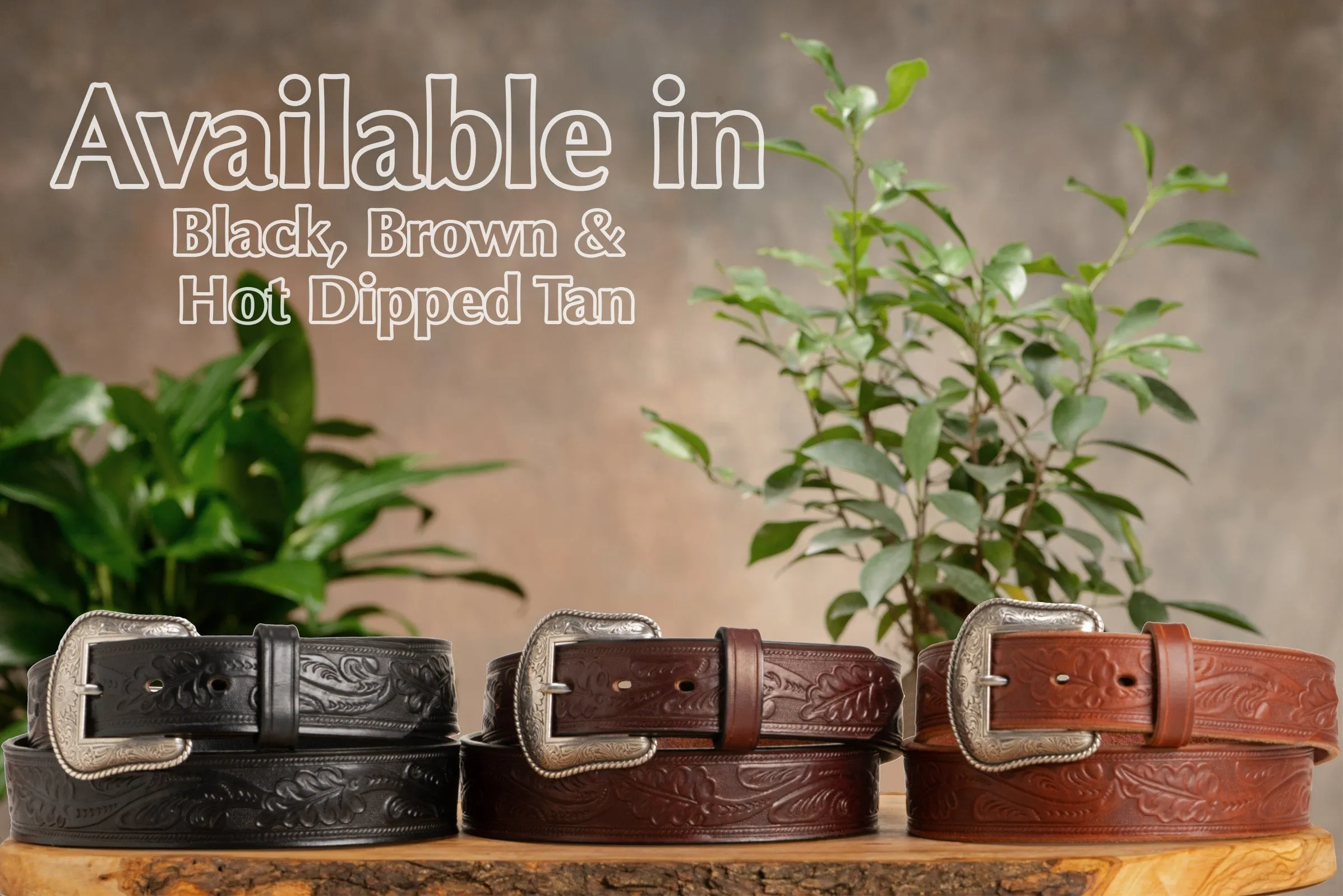 The Western Oak: Men's Black Oak Leaf Embossed Western Leather Belt 1.50"