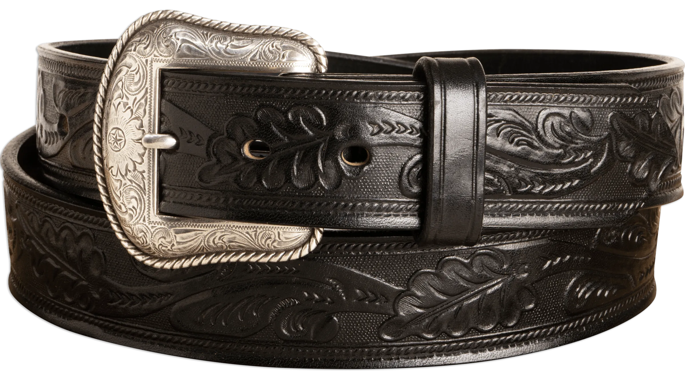 The Western Oak: Men's Black Oak Leaf Embossed Western Leather Belt 1.50"