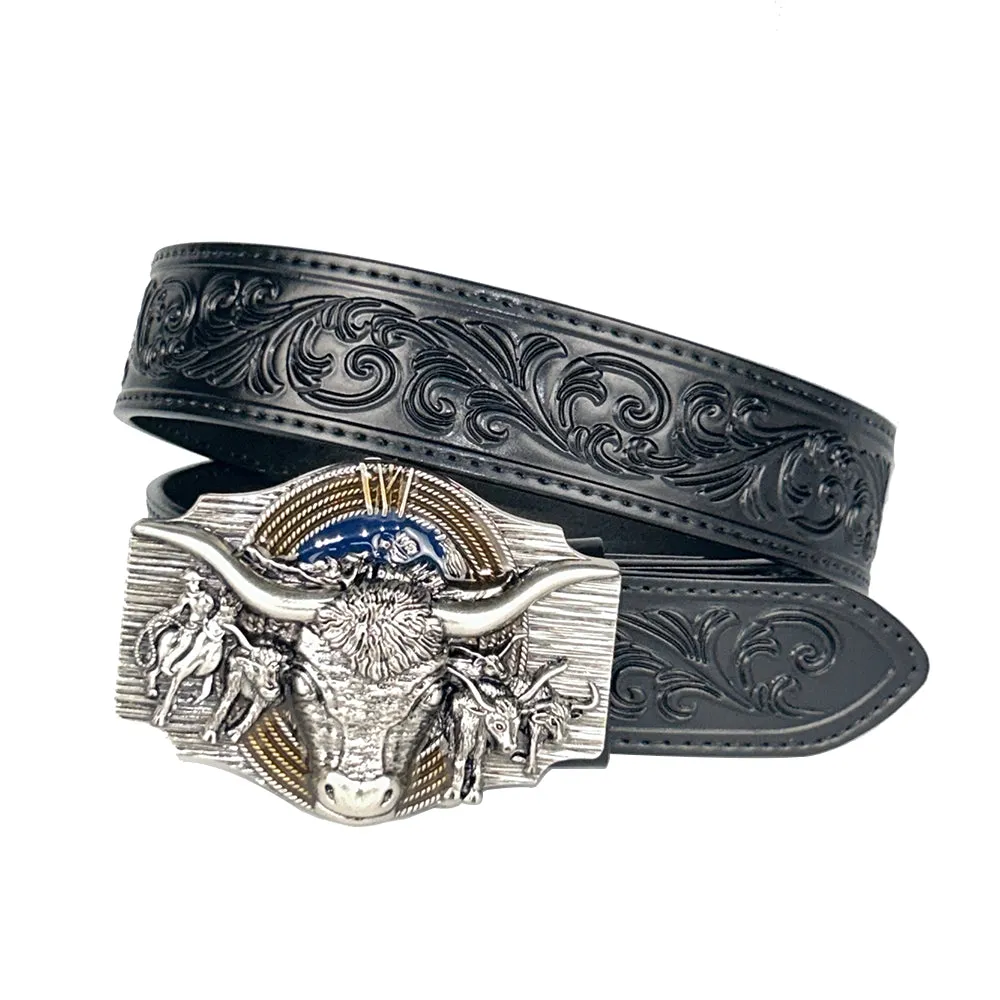 TOPACC Black Genuine Leather Belt-Longhorn Cow Belt Buckle Horseback Riding Copper/Bronze