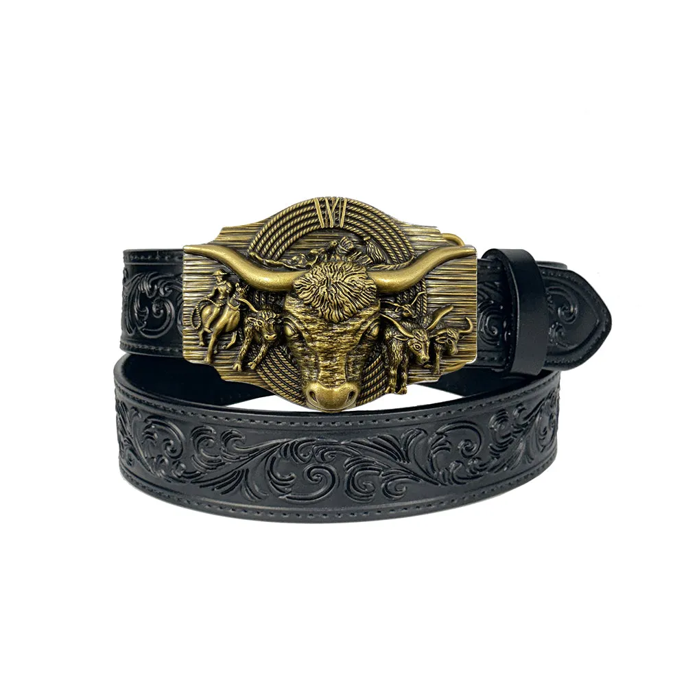 TOPACC Black Genuine Leather Belt-Longhorn Cow Belt Buckle Horseback Riding Copper/Bronze