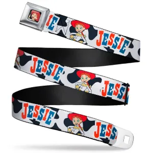 Toy Story Jessie Calling Pose Full Color Black Seatbelt Belt - Toy Story JESSIE Pose/Cow Print White/Black/Red/Blue Webbing