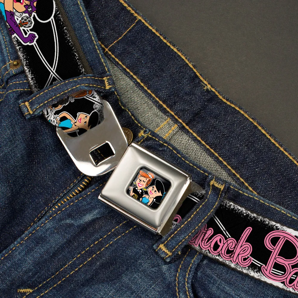 Wilma & Betty Full Color Black Seatbelt Belt - Wilma & Betty Glam Poses BEDROCK BABES Black/Pink Webbing