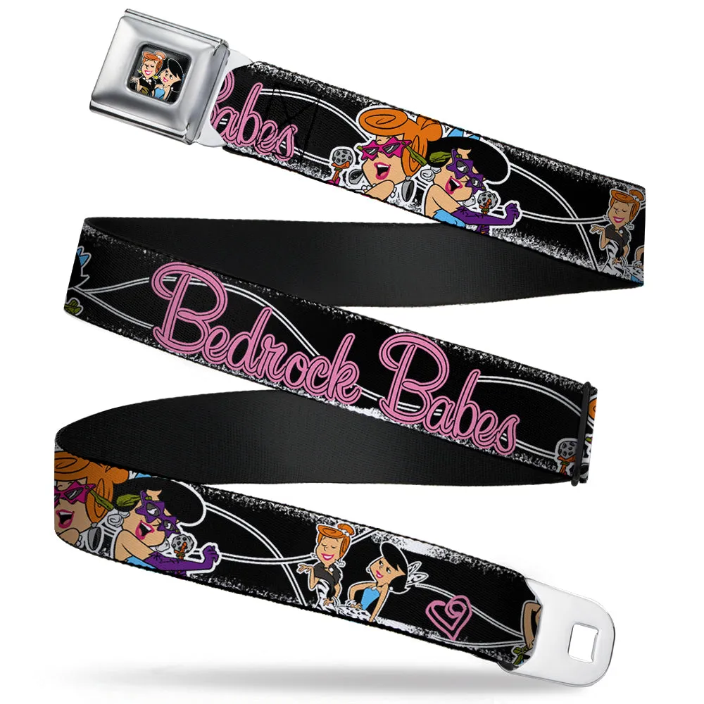 Wilma & Betty Full Color Black Seatbelt Belt - Wilma & Betty Glam Poses BEDROCK BABES Black/Pink Webbing