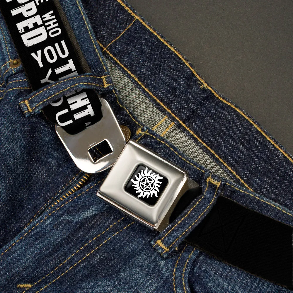 Winchester Logo Full Color Black White Seatbelt Belt - Castiel/Hand Print RAISED FROM PERDITION Black/Red/Grays/White Webbing