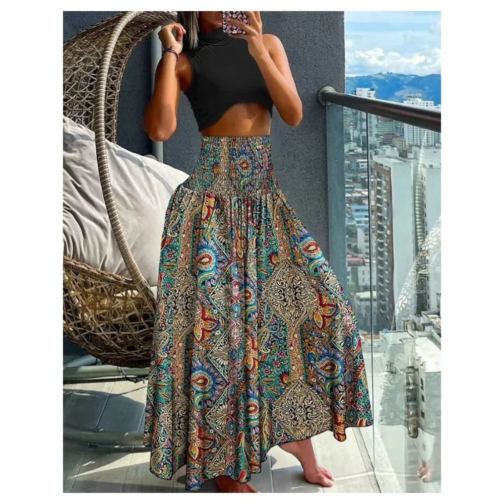 Women Fashion Floral Print Folds Bohemian High Waist Skirt
