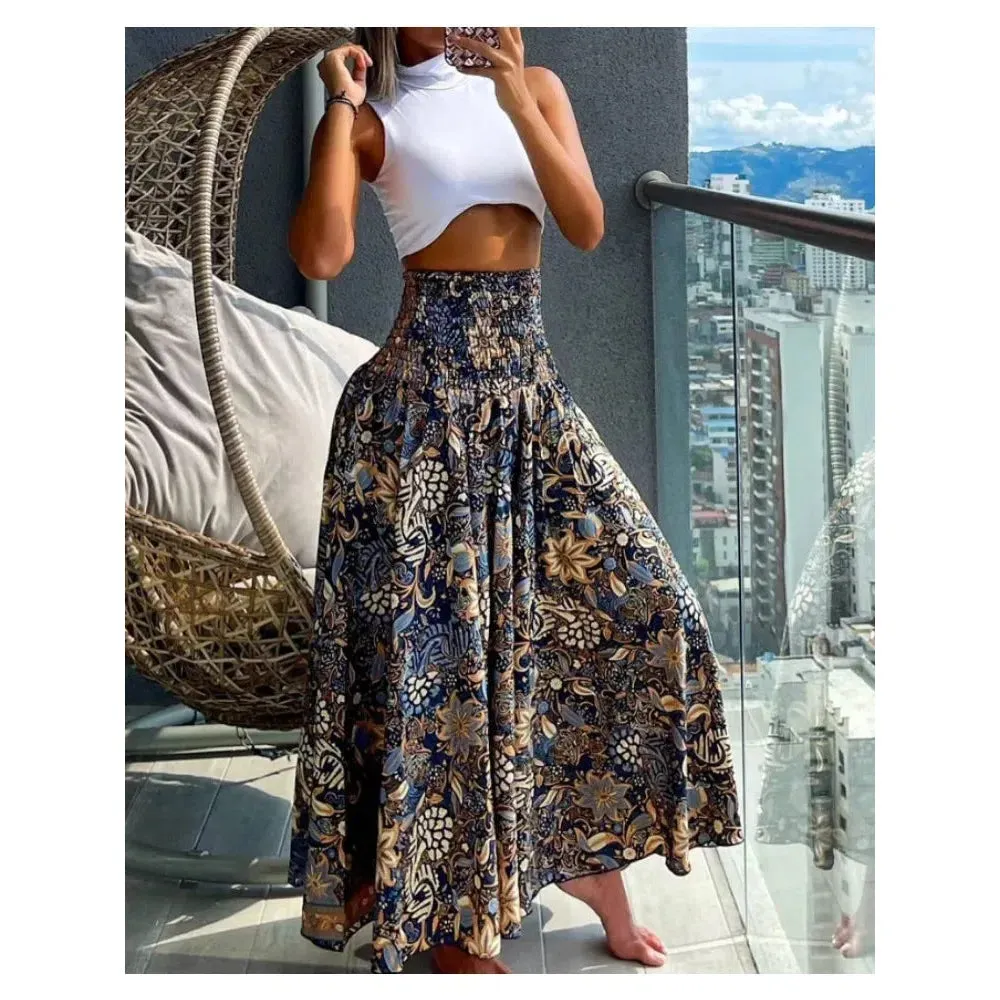 Women Fashion Floral Print Folds Bohemian High Waist Skirt