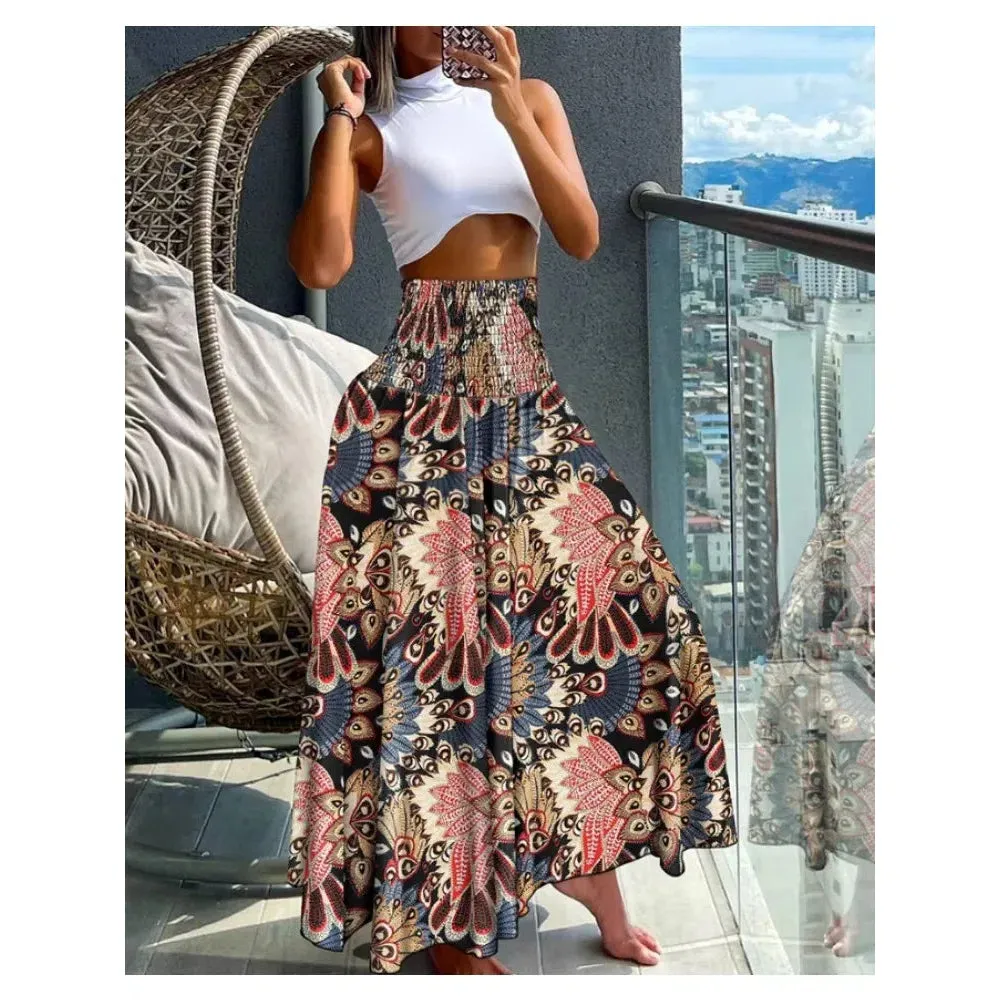 Women Fashion Floral Print Folds Bohemian High Waist Skirt