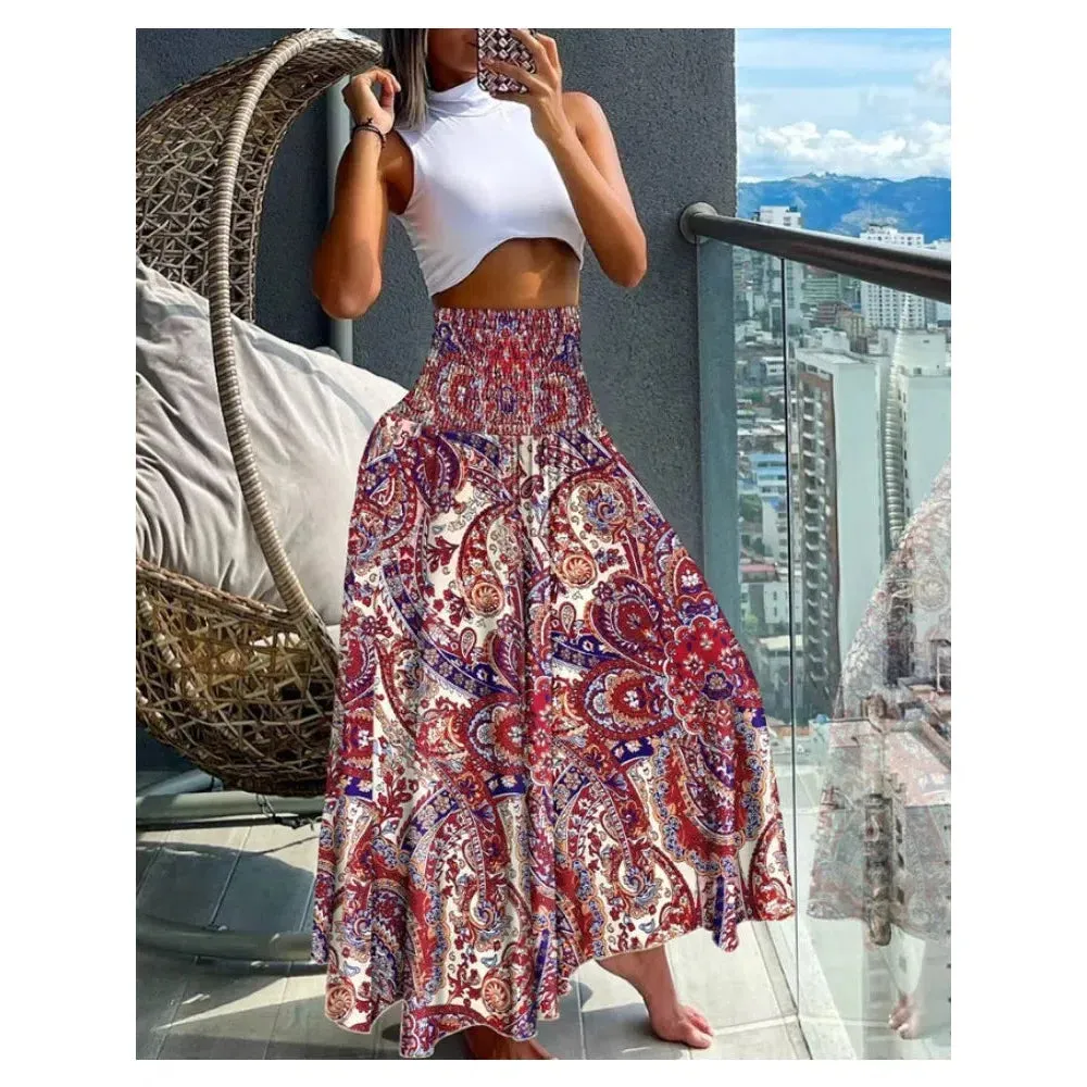 Women Fashion Floral Print Folds Bohemian High Waist Skirt