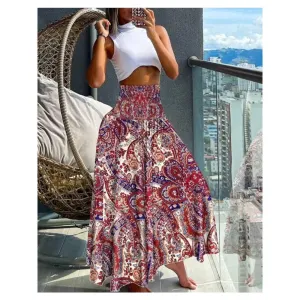 Women Fashion Floral Print Folds Bohemian High Waist Skirt