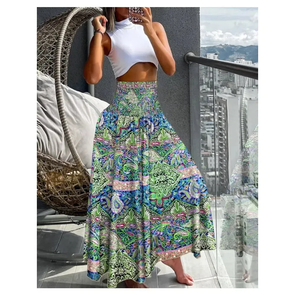 Women Fashion Floral Print Folds Bohemian High Waist Skirt