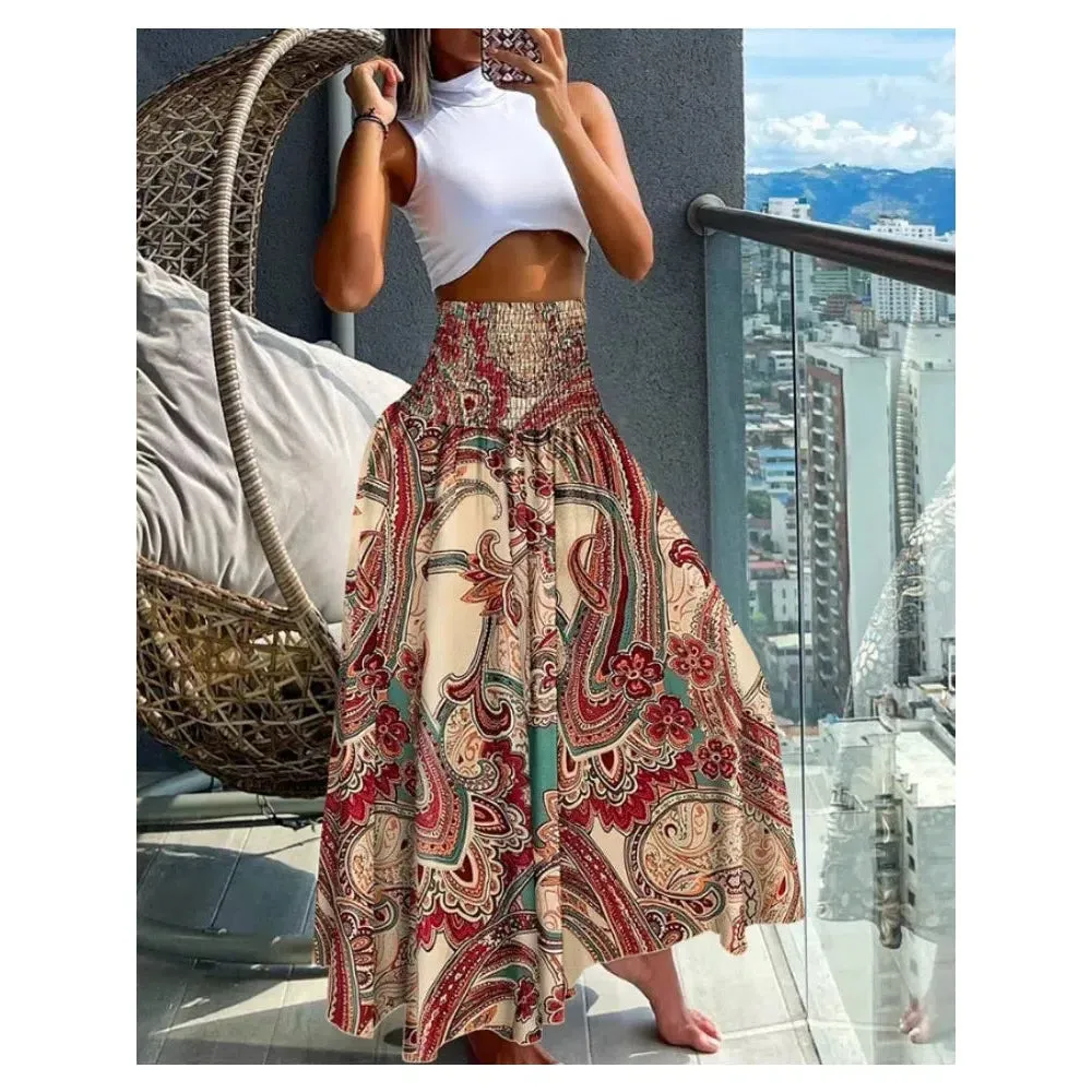 Women Fashion Floral Print Folds Bohemian High Waist Skirt