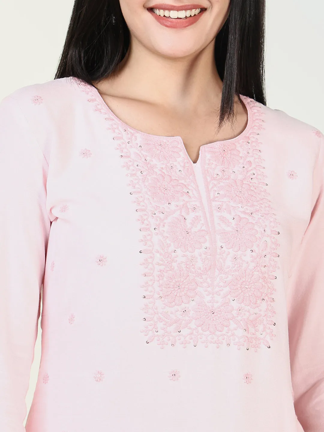 Women Pink Solid Straight Kurti