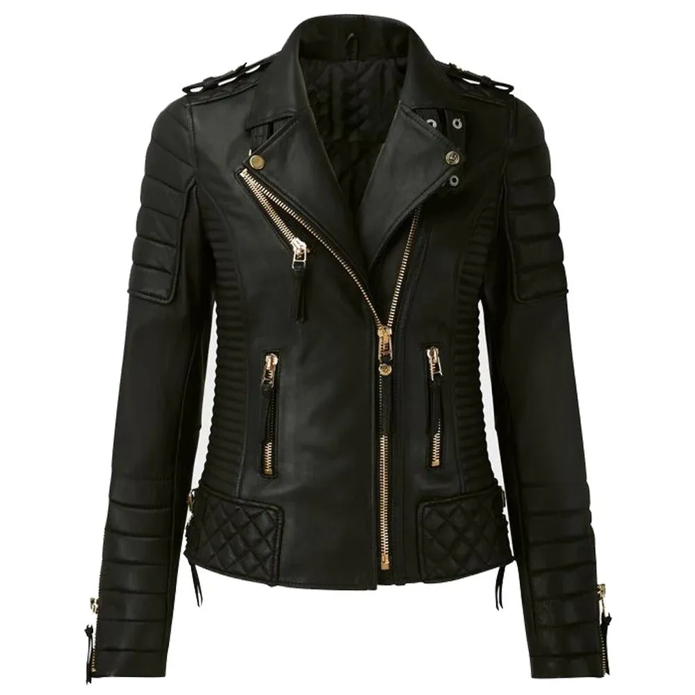 Women’s Classic Motorcycle Leather Jacket with Golden Zipper
